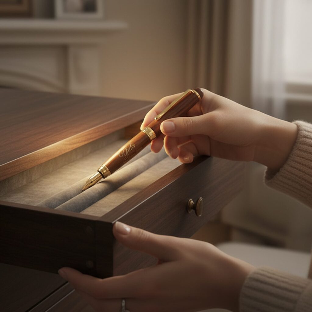 万年筆を引き出しにしまう女性